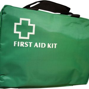 Green First Aid Bag With Handles 3 clear fold out compartments.