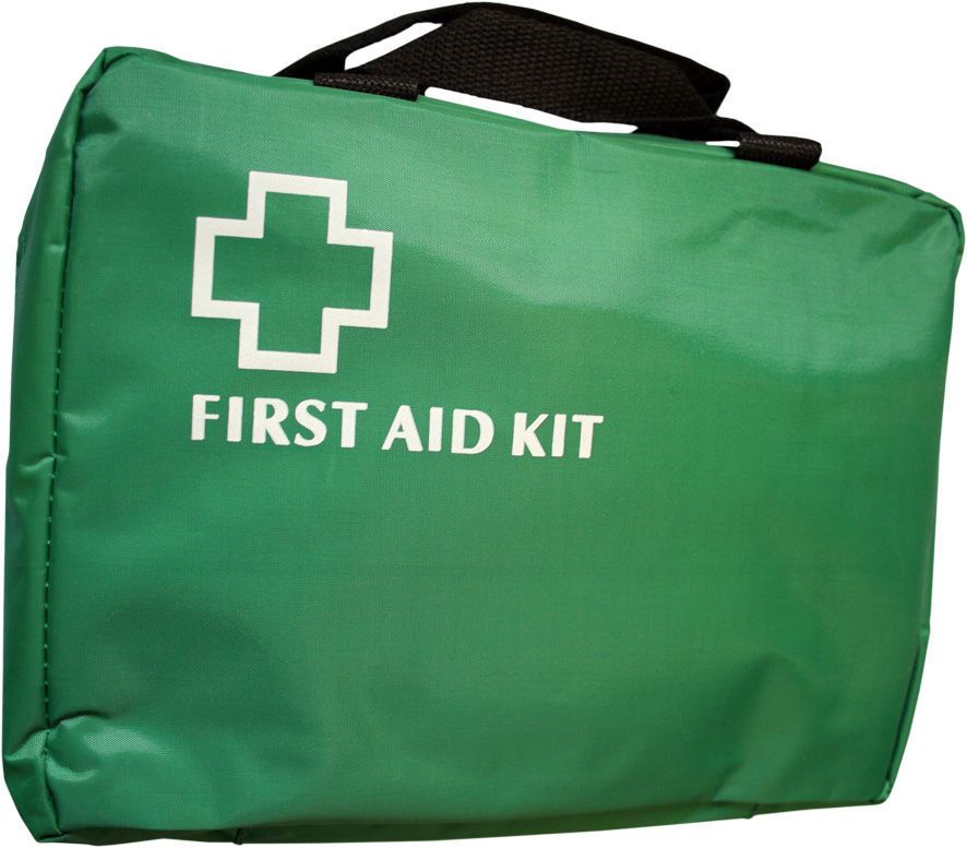 Green First Aid Bag With Handles 3 clear fold out compartments.