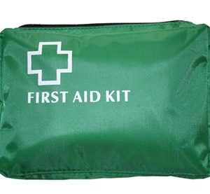 Green First Aid Bag No Handles 2 fold-out compartments.